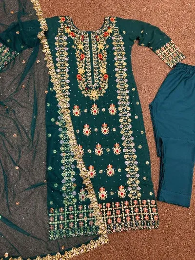 Elegant Teal Green Georgette Wedding Suit Set with Heavy Sequence Embroidery