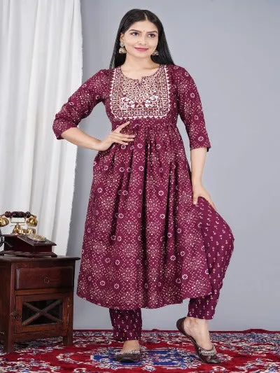 Wine Cotton Embroidered Festive Salwar Suit Set