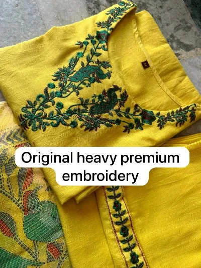 Yellow Cotton Embroidery Work Salwar Suit With Khadi Silk Dupatta
