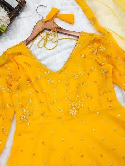 Yellow Georgette Sequence Embroidered Anarkali With Dupatta Set Of 2
