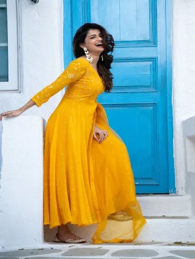 Yellow Georgette Sequence Embroidered Anarkali With Dupatta Set Of 2